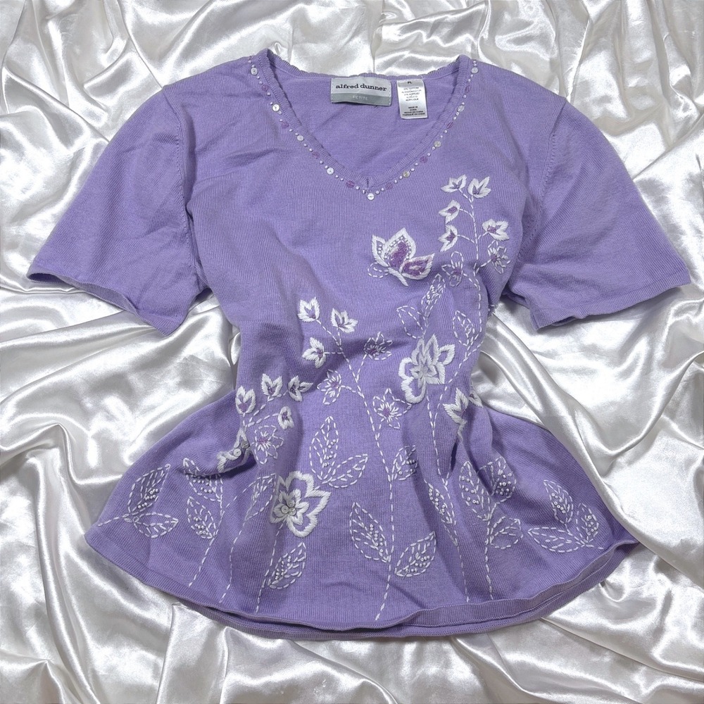 Vintage Alfred Dunner Sweater Purple Excellent Floral Butterfly Embroidered PL